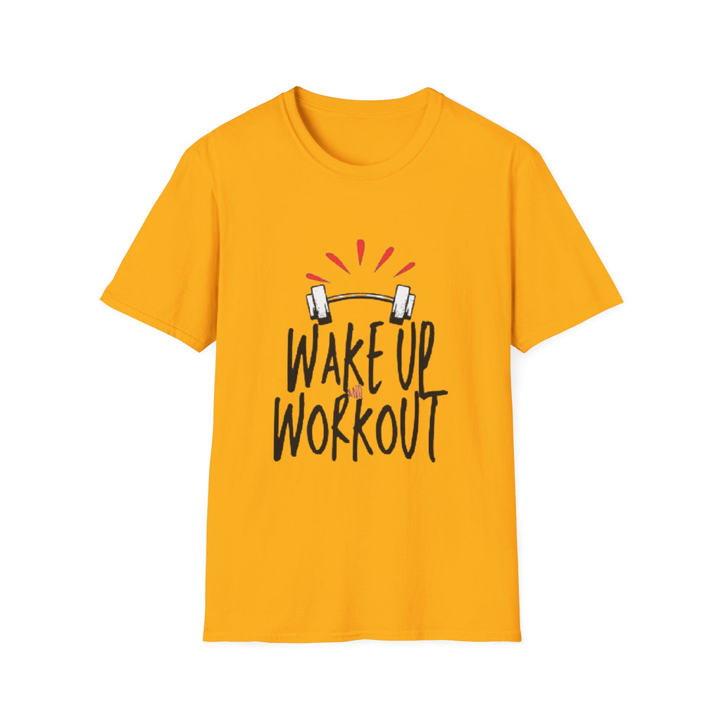 Wake Up Workout T-Shirt — Motivational Fitness Tee with Barbell Design