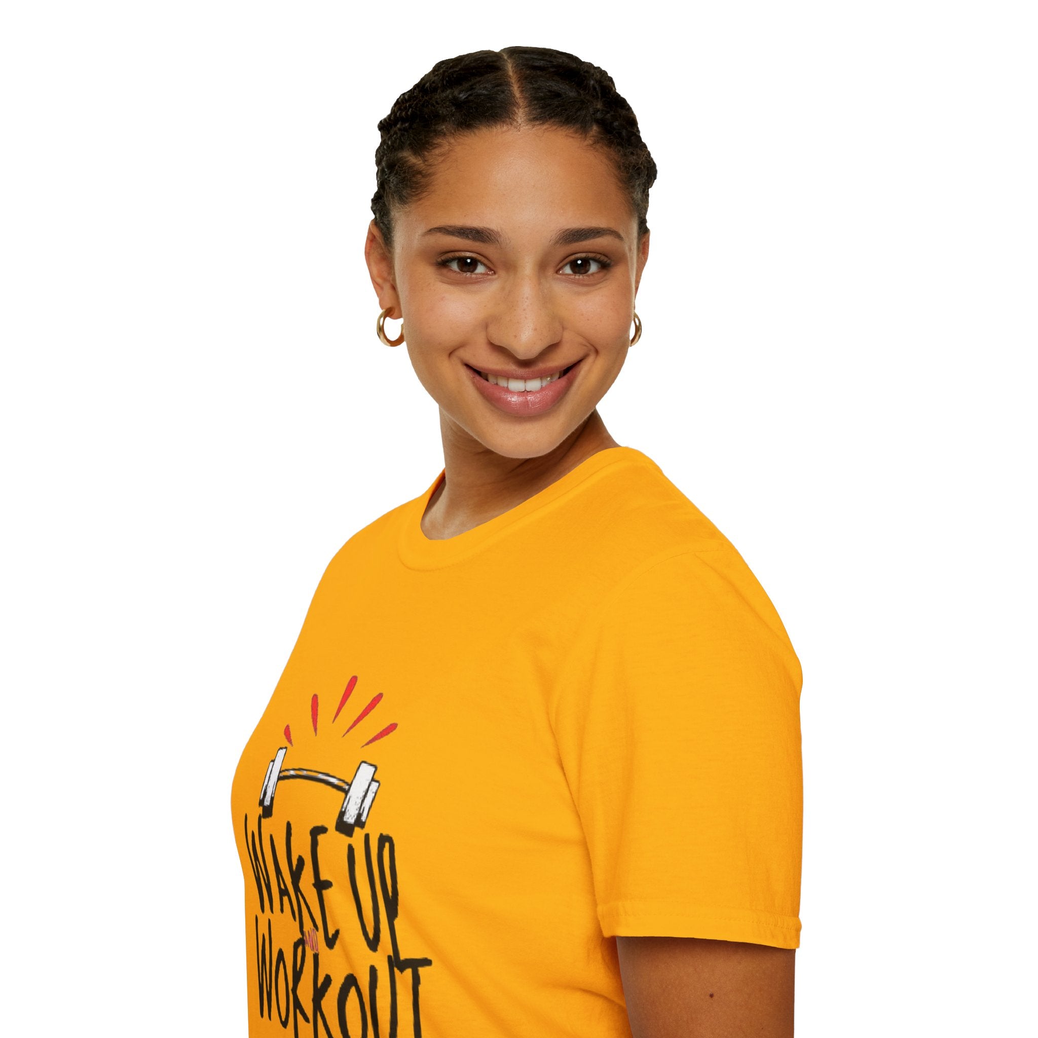 Wake Up Workout T-Shirt — Motivational Fitness Tee with Barbell Design