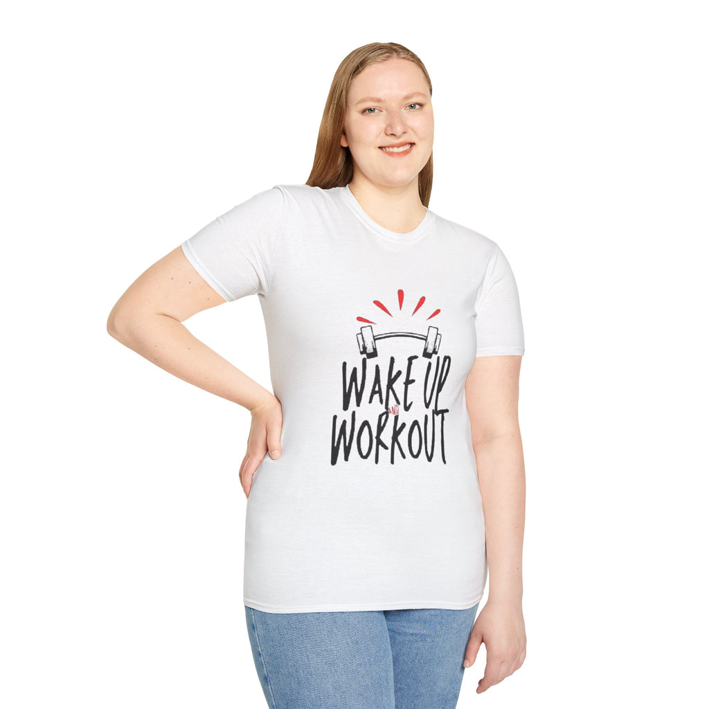 Wake Up Workout T-Shirt — Motivational Fitness Tee with Barbell Design