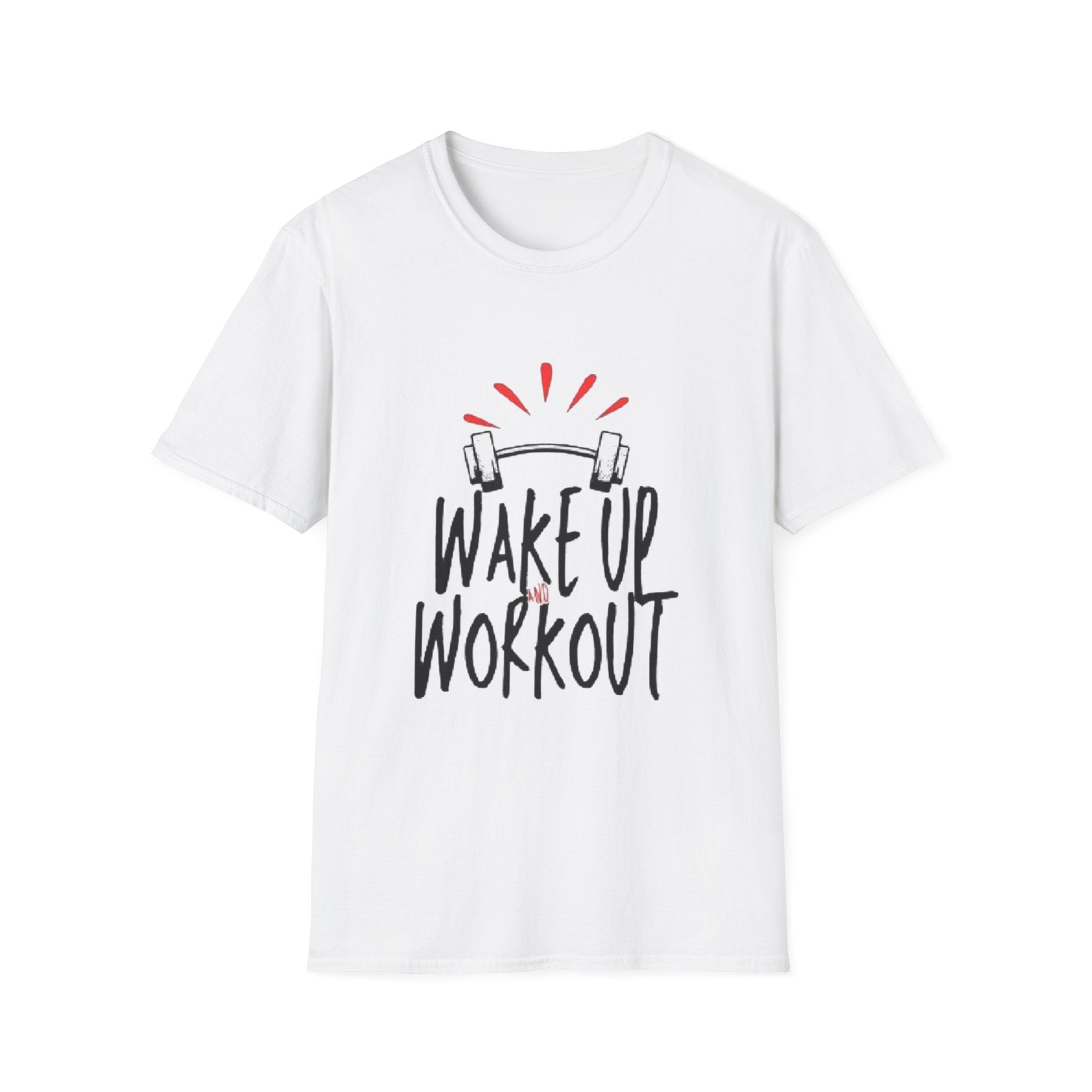 Wake Up Workout T-Shirt — Motivational Fitness Tee with Barbell Design