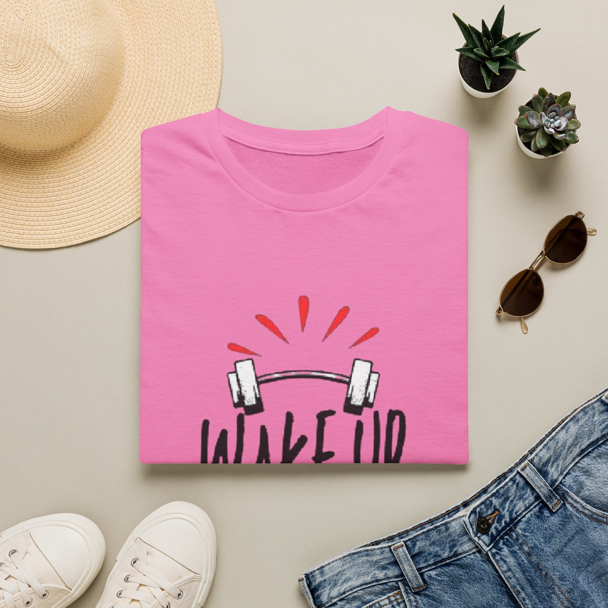 Wake Up Workout T-Shirt — Motivational Fitness Tee with Barbell Design
